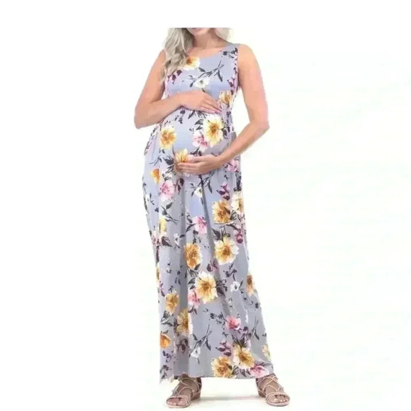 🆕 Beeuniq Maternity Gray Floral Ruched Sleeveless Maxi Dress M🆕 - Picture 1 of 6